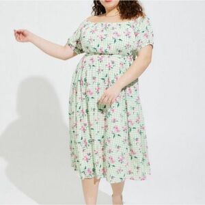 Torrid Green Gingham with Pink Flowers midi dress
